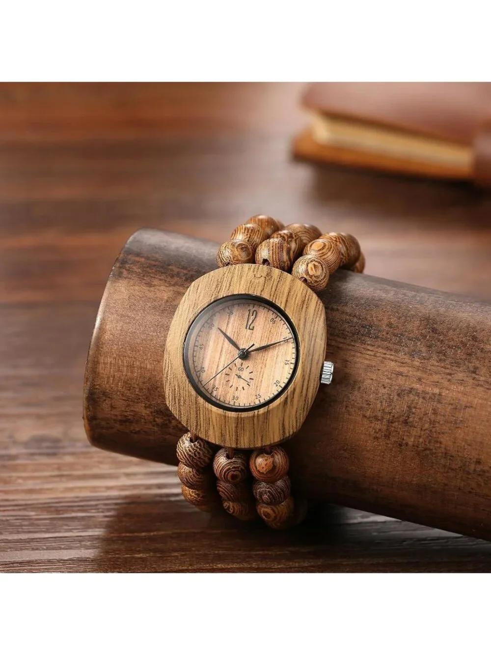 Women's All Brown Analog Quartz Buddhist Beaded Bracelet Elastic Wooden Watch